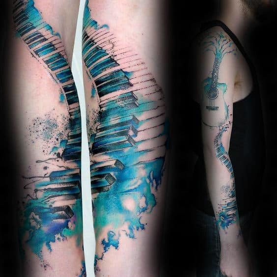 Watercolor Mens Piano Keys Full Arm Tattoos