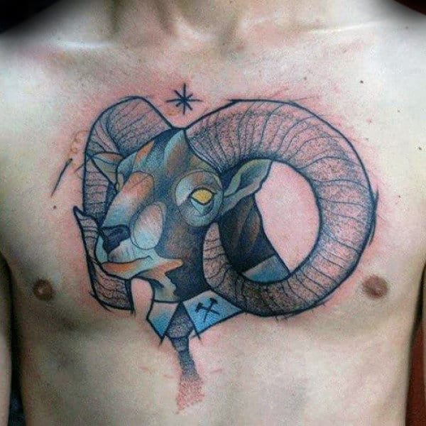 Watercolor Mens Ram Chest Tattoos