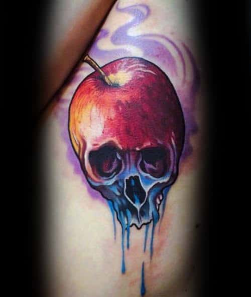 Watercolor Mens Red And Blue Skull Apple Rib Cage Side Tattoos