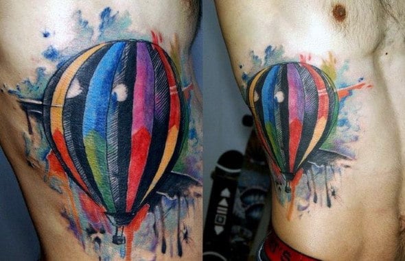 Watercolor Mens Rib Cage Side Colorful Hot Air Balloon Tattoos