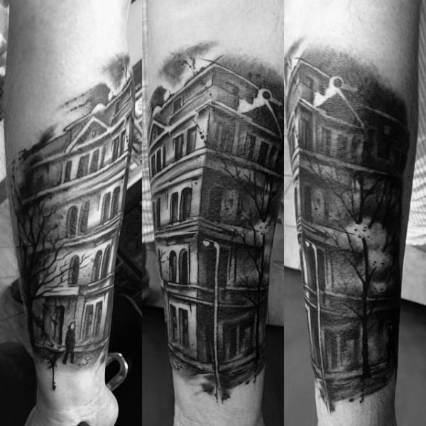 Watercolor Mens Shaded Building Forearm Tattoo Design Inspiration