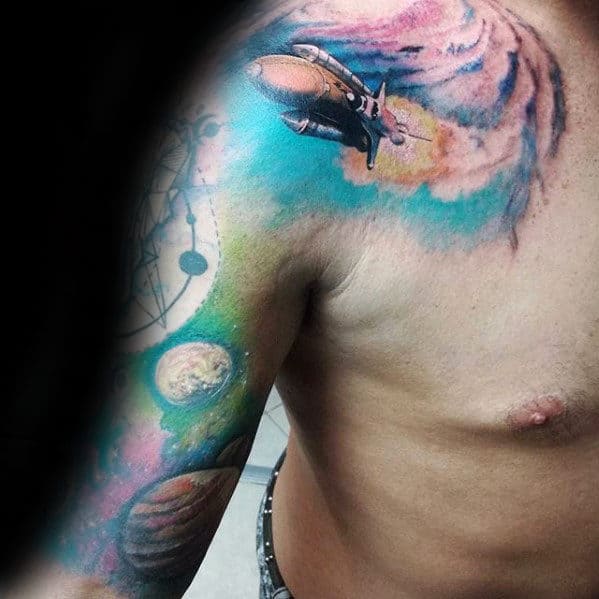 Watercolor Mens Spaceship Arm And Shoulder Tattoo