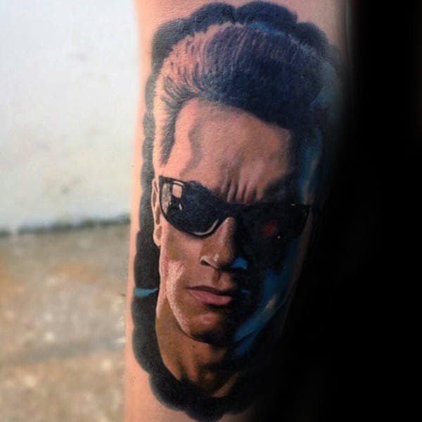 Watercolor Mens Terminator Portrait Tattoo On Arm