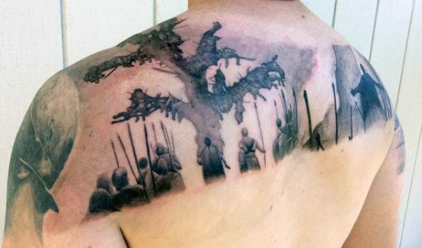 Watercolor Mens Warrior Spear Upper Back Tattoos