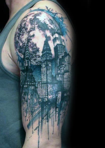 Watercolor Moon Skyline Guys Arm Tattoos