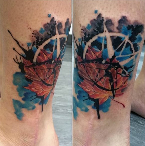 Watercolor Nautical Star Maple Leaf Mens Leg Tattoo