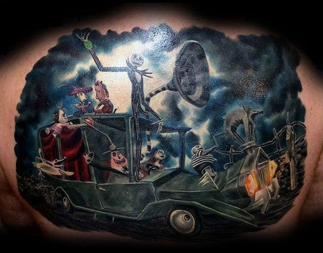 Watercolor Night Before Christmas Scene Mens Back Tattoos