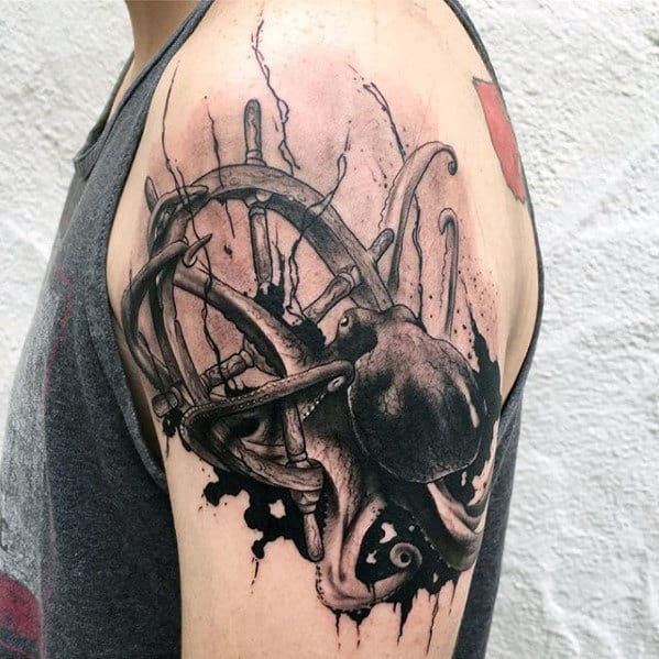 Watercolor Octopus Ship Wheel Mens Black Ink Upper Arm Tattoo