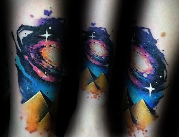Watercolor Outer Space Colorful Mens Pyramid Tattoo Ideas
