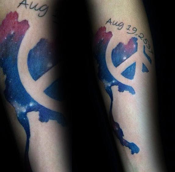 Watercolor Outer Space Male Peace Sign Negative Space Tattoos