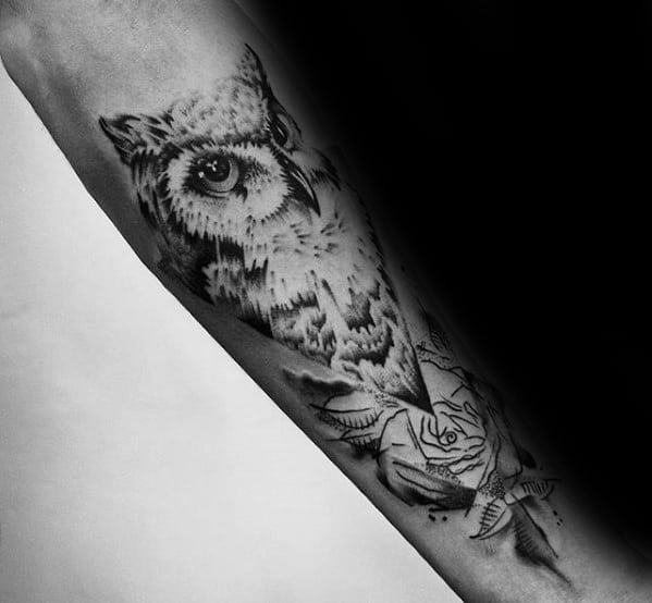 Watercolor Owl With Rose Flower Guys Inner Forearm Tattoos