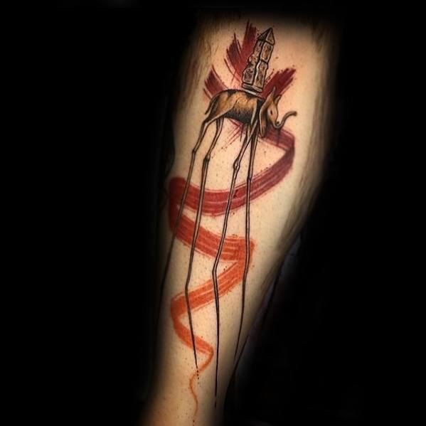 Surreal Salvador Dali-style tattoo of a long-legged elephant with an obelisk on its back, walking above bold red and orange brushstroke spirals.