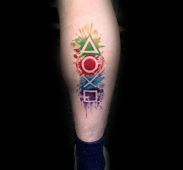 Watercolor Paint Splatter Back Of Leg Playstation Mens Tattoo Designs