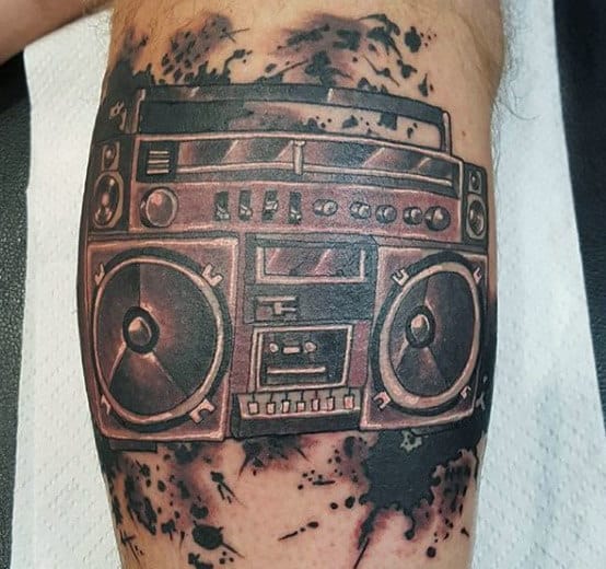 Watercolor Paint Splatter Boombox Tattoos For Men On Leg Calf