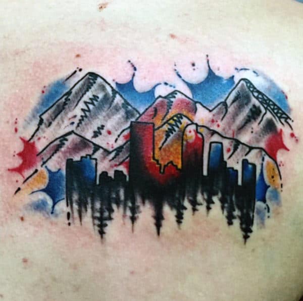 Watercolor Paint Splatter City Skyline Of Colorado Mens Back Tattoos