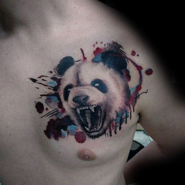 Watercolor Paint Splatter Roaring Panda Mens Upper Chest Tattoo