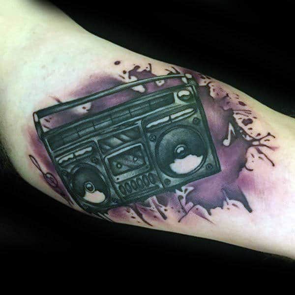 Watercolor Paint Splatter With Boombox Mens Forearm Tattoo