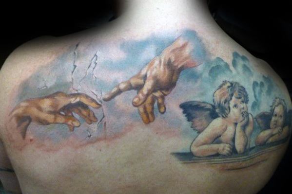 Watercolor Painting The Creation Of Adam Tattoo Design Ideas For Males On Upper Back
