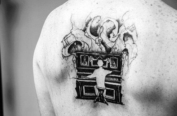 Watercolor Piano Player Male Upper Back Tattoo Designs