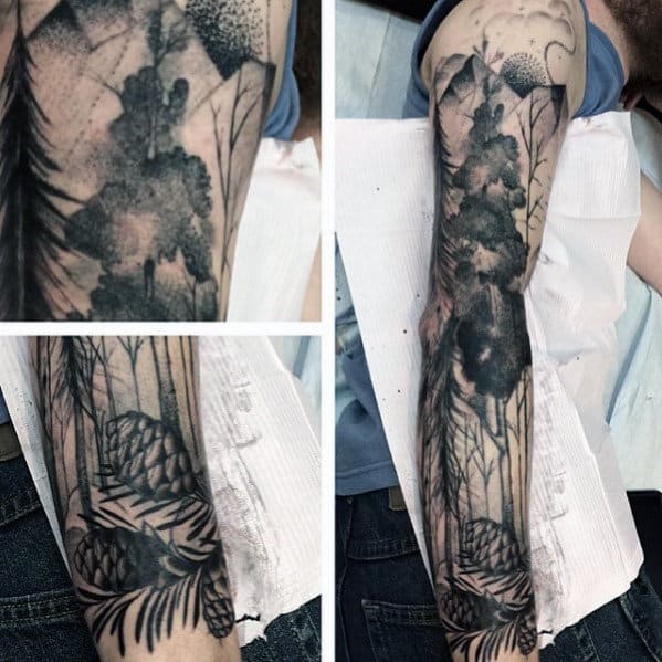 Watercolor Pine Cone Mens Nature Full Arm Tattoos