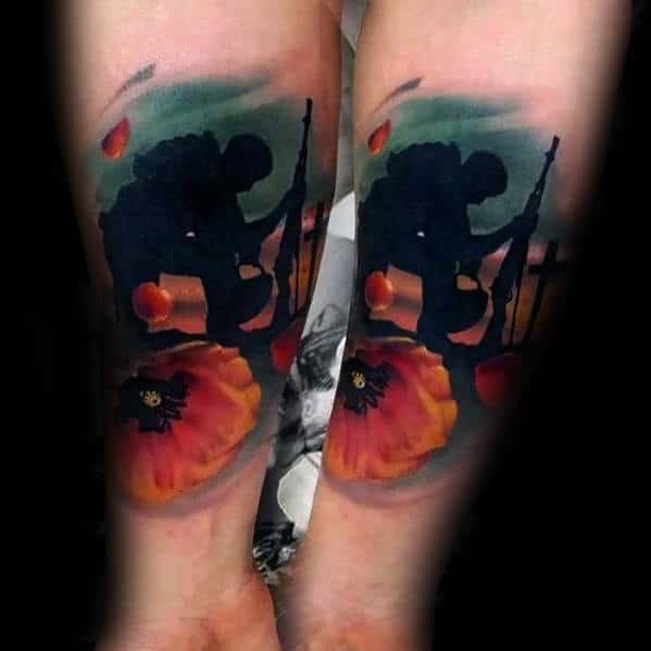 Watercolor Poppy Flower Fallen Soldier Grave Mens Forearm Tattoo