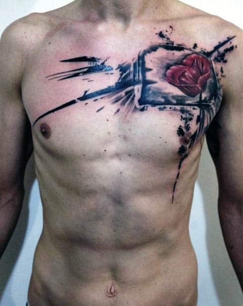 Watercolor Poppy Mens Abstract Chest Tattoos