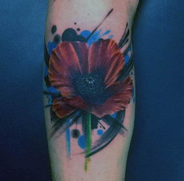 Watercolor Poppy Tattoo For Men On Arms