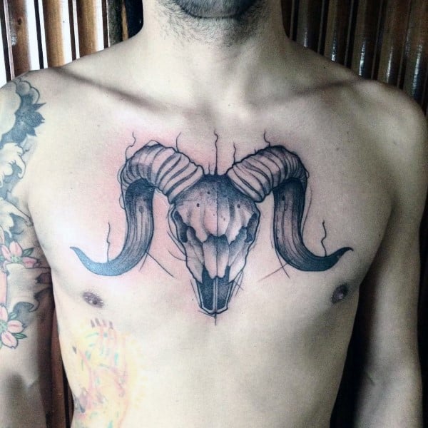 Watercolor Ram Male Skull Chest Tattoo