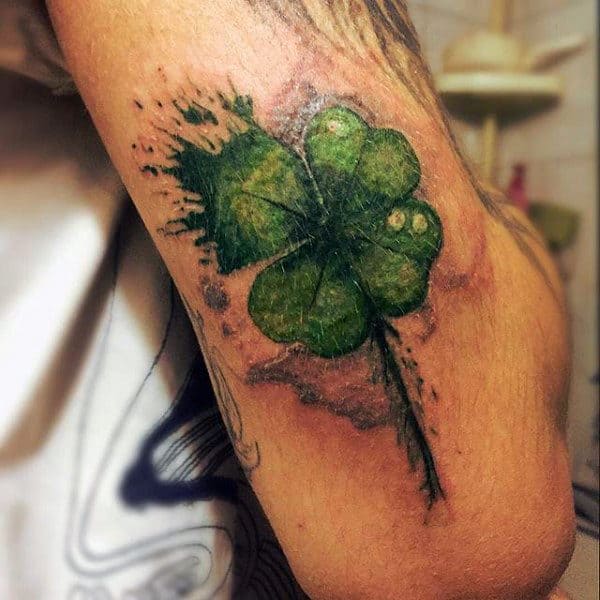 Watercolor Realistic Four Leaf Clover Mens Arm Tattoo