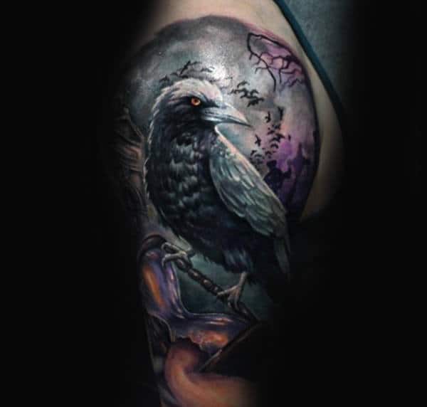 Watercolor Realistic Half Sleeve Crow Tattoo On Male