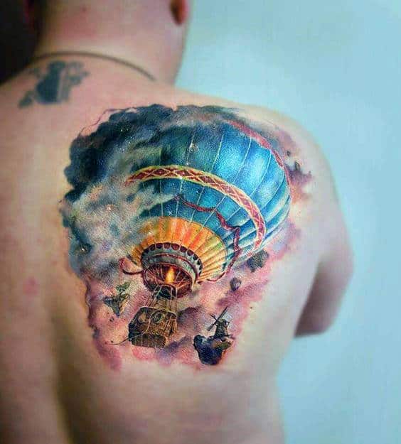 Watercolor Realistic Hot Air Balloon Shoulder Tattoos For Men