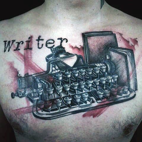 Watercolor Red Paint Brush Stroke Writer Typewriter Mens Chest Tattoos