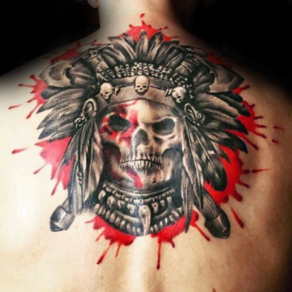 Watercolor Red Paint Splatter Mens Upper Back Indian Skull Tattoos