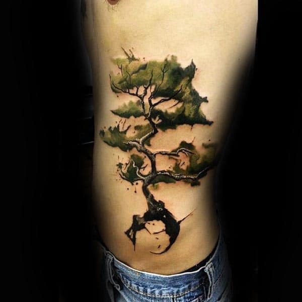 Watercolor Rib Cage Side Bonsai Tree Tattoos For Men