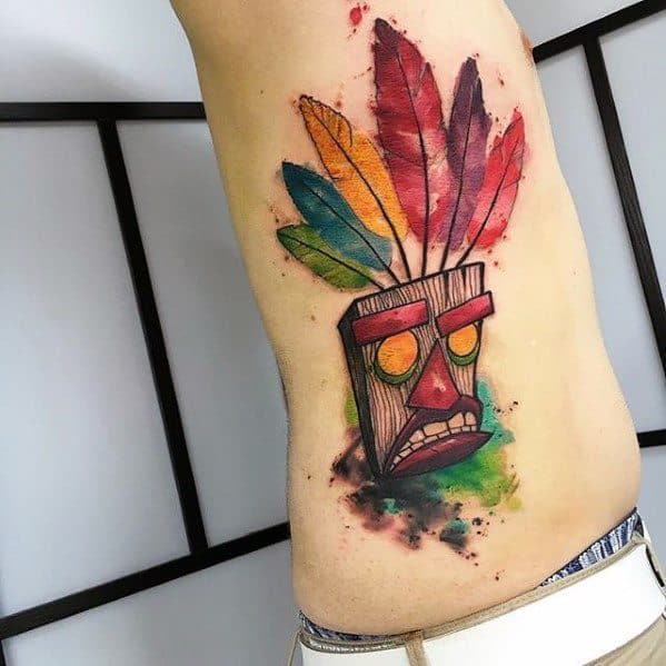 Watercolor Rib Cage Side Male Crash Bandicoot Tattoo Design Inspiration