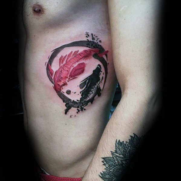 Watercolor Rib Cage Side Red And Black Ink Yin Yang Koi Fish Guys Tattoos