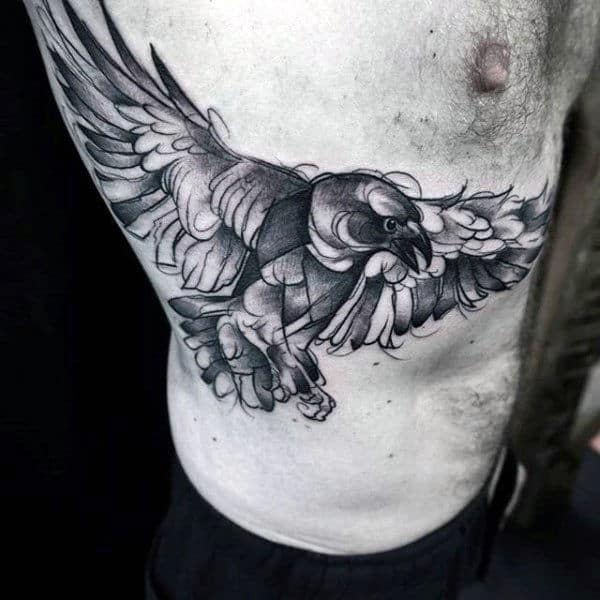 Watercolor Shaded Black And Grey Guys Crow Ribcage Tattoo Ideas