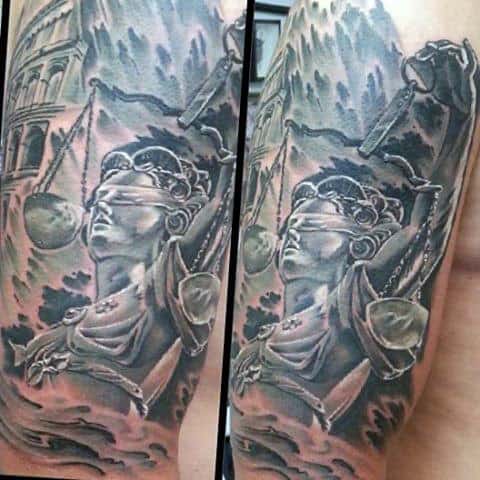 Watercolor Shaded Lady Justice Mens Half Sleeve Tattoos