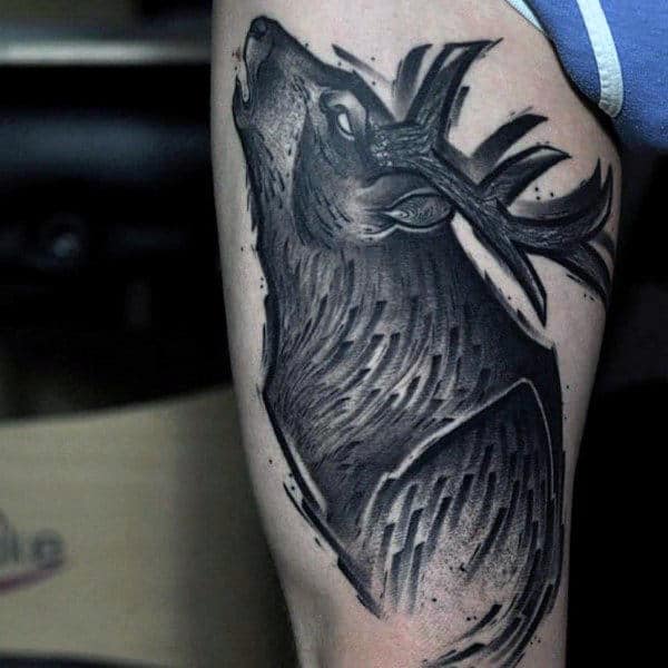 Watercolor Shaded Mens Antler Upper Thigh Tattoo