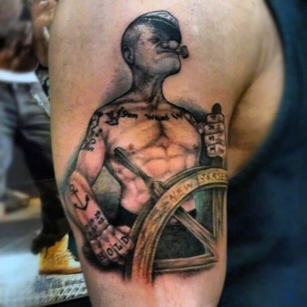 Watercolor Shaded Popeye Male Upper Arm Tattoo