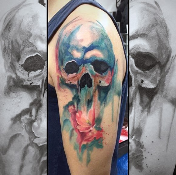 Watercolor Skeletal Head Tattoo On Arms For Guys
