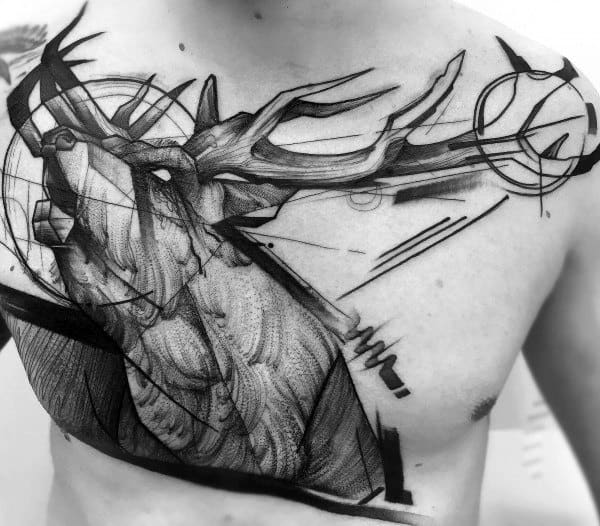 Abstract chest tattoo of a stag with geometric and sketch-style elements, symbolizing strength, freedom, and creative individuality.