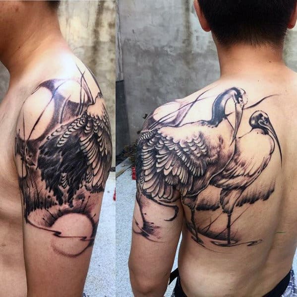 Watercolor Sketched Crane Birds Mens Arm And Back Tattoo