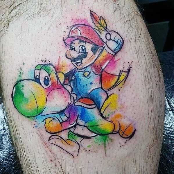 Watercolor Sketched Leg Calf Mens Tattoo With Yoshi Design