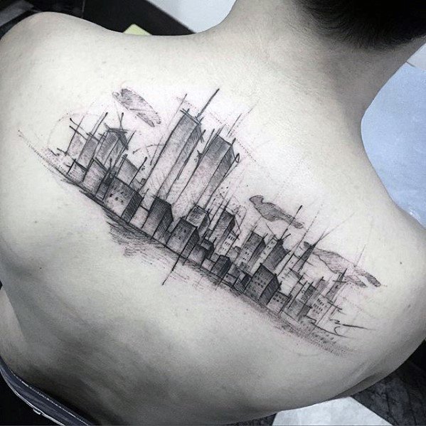 Sketch-style back tattoo of the New York City skyline with dynamic lines, shading, and abstract clouds for a modern artistic look.
