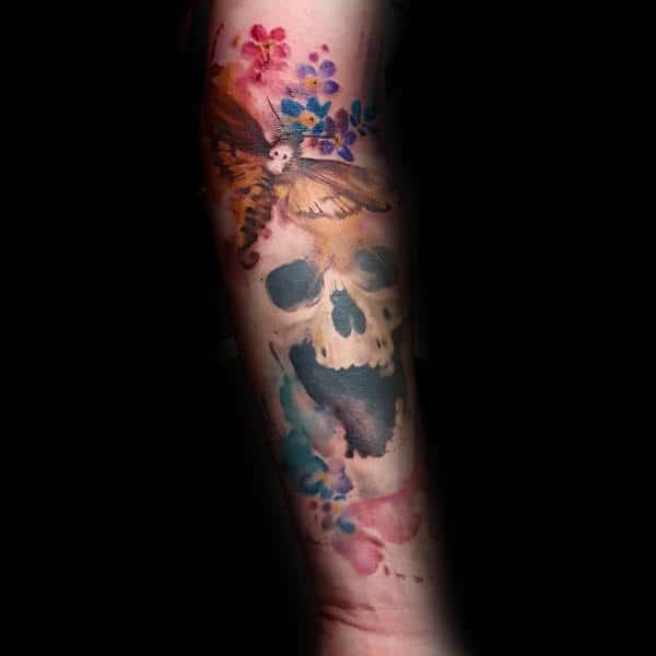 Watercolor Skull With Moth Mens Colorful Forearm Tattoos