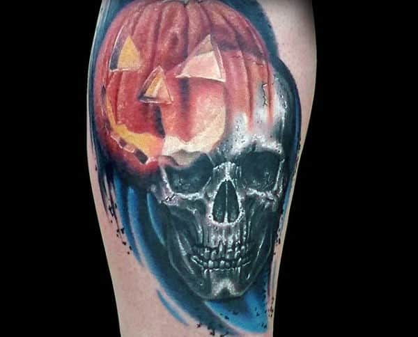Watercolor Skull With Pumpkin Mens Thigh Tattoo