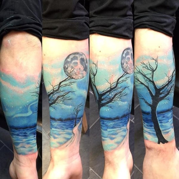 Watercolor Sky Tree Sleeve Leg Tattoos For Guys