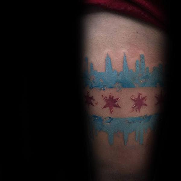 Watercolor Skyline With Red Stars Chicago Flag Male Thigh Tattoos