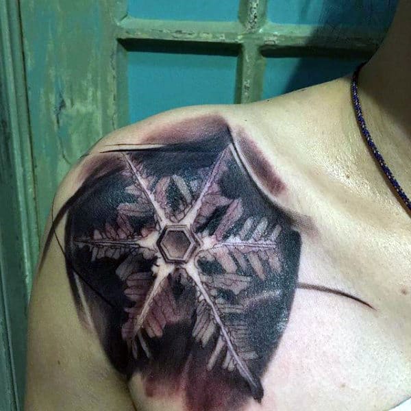 Watercolor Snowflake Shoulder Tattoo On Male